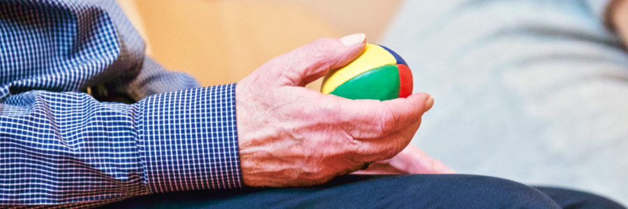 Older person holding an exercise ball. 